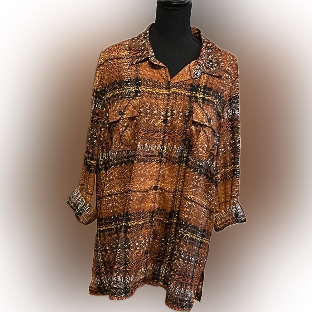 Slim Factor by Investments Black and Brown Button Down Shirt with Notched Collar
